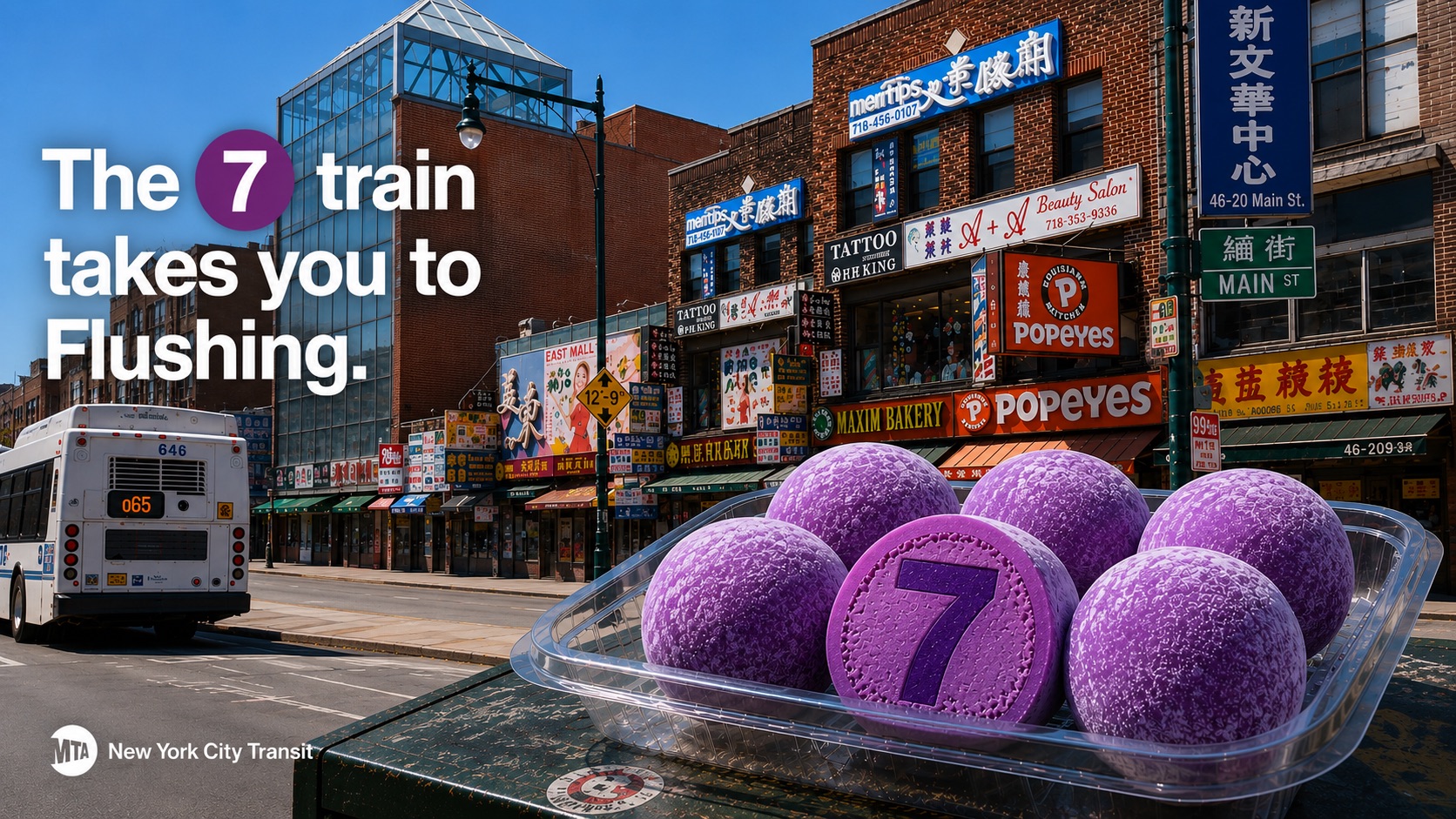 The 7 train takes you to Flushing — purple 7-line ube mochi in a takeout tray on Main Street