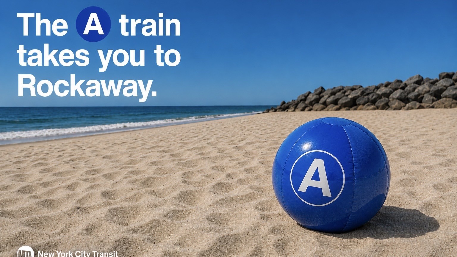 The A train takes you to Rockaway — a giant blue A-line beach ball on the sand