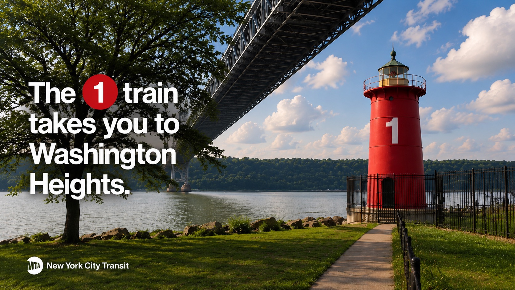 The 1 train takes you to Washington Heights — the Little Red Lighthouse marked with the 1 line bullet